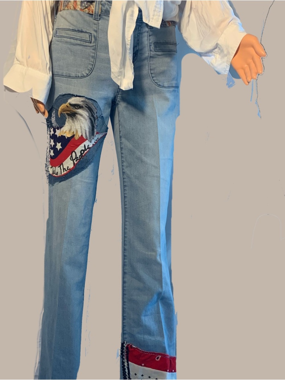 Light Wash Denim Pants with Eagle & Flag Patch